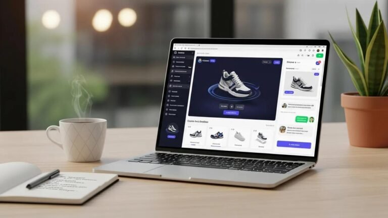 Modern workspace with laptop showcasing agentic commerce platform
