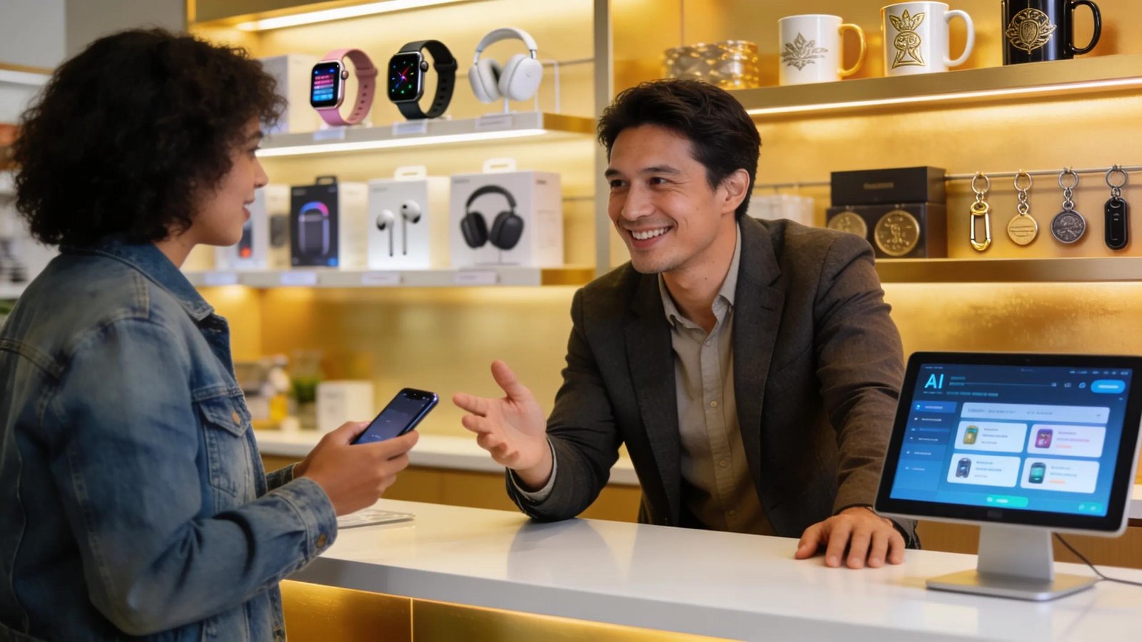 Small business owner engaging with a customer in a tech-integrated shop, representing agentic commerce