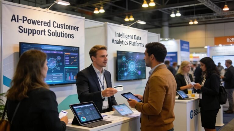 Networking at a B2B event showcasing AI service solutions relevant to various industries