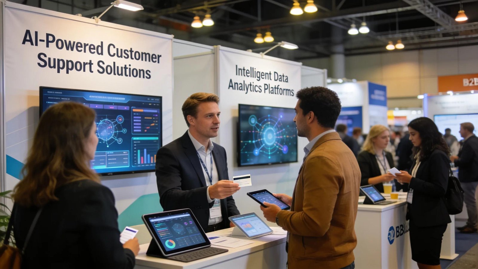 Networking at a B2B event showcasing AI service solutions relevant to various industries