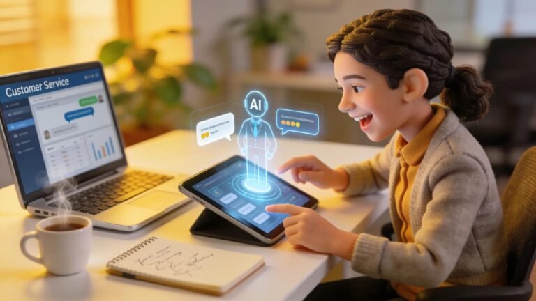 Small business owner using a virtual assistant tablet for enhanced customer engagement