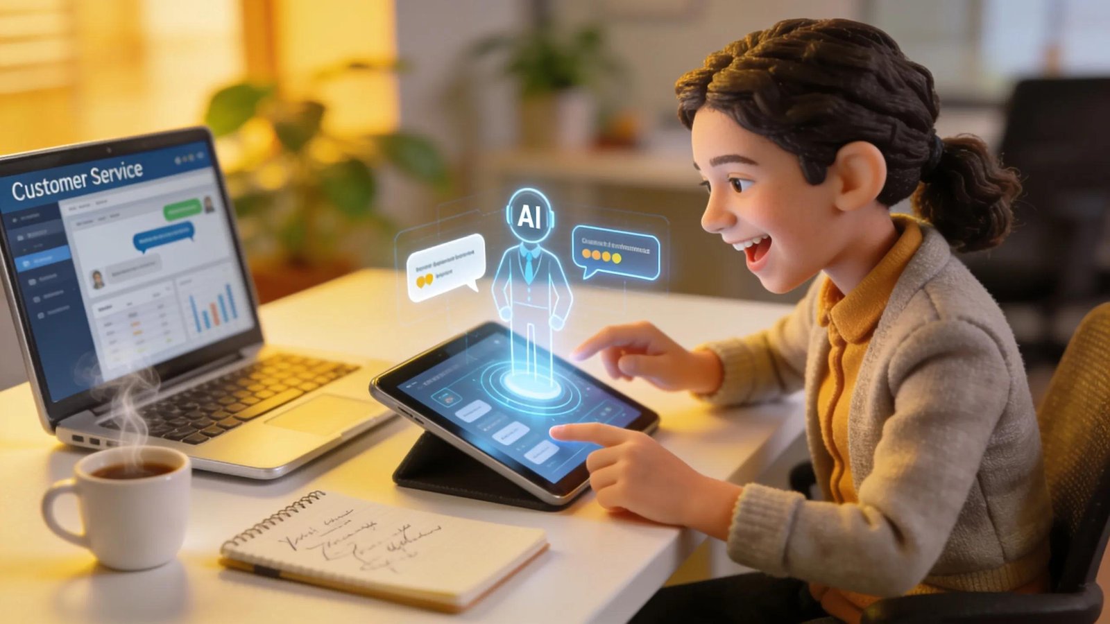 Small business owner using a virtual assistant tablet for enhanced customer engagement