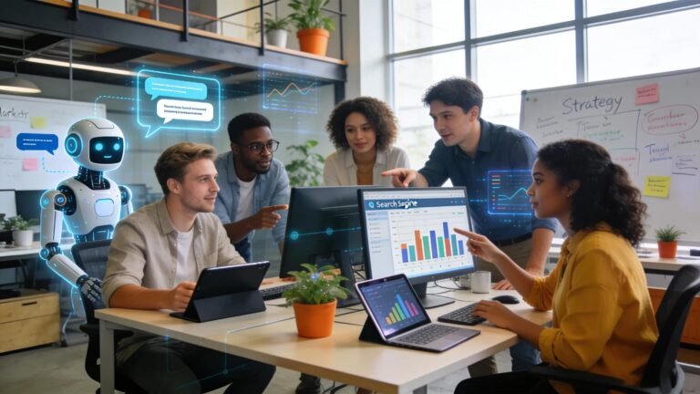 Team of marketers discussing digital marketing strategies and AI technologies in a modern office