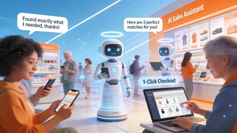 Customers engaging with AI agents in an e-commerce setting, emphasizing automated sales and customer satisfaction