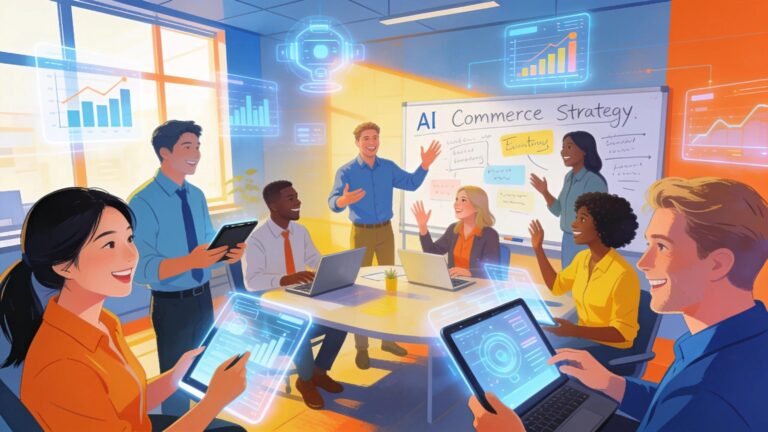 Professionals collaborating in a modern workspace showcasing AI-driven commerce solutions