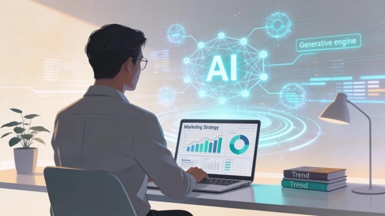 Business owner exploring generative engine optimization in a modern workspace with AI technology visuals