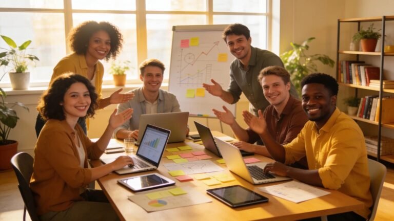 Team collaboration in a small business setting, focused on innovation and digital transformation