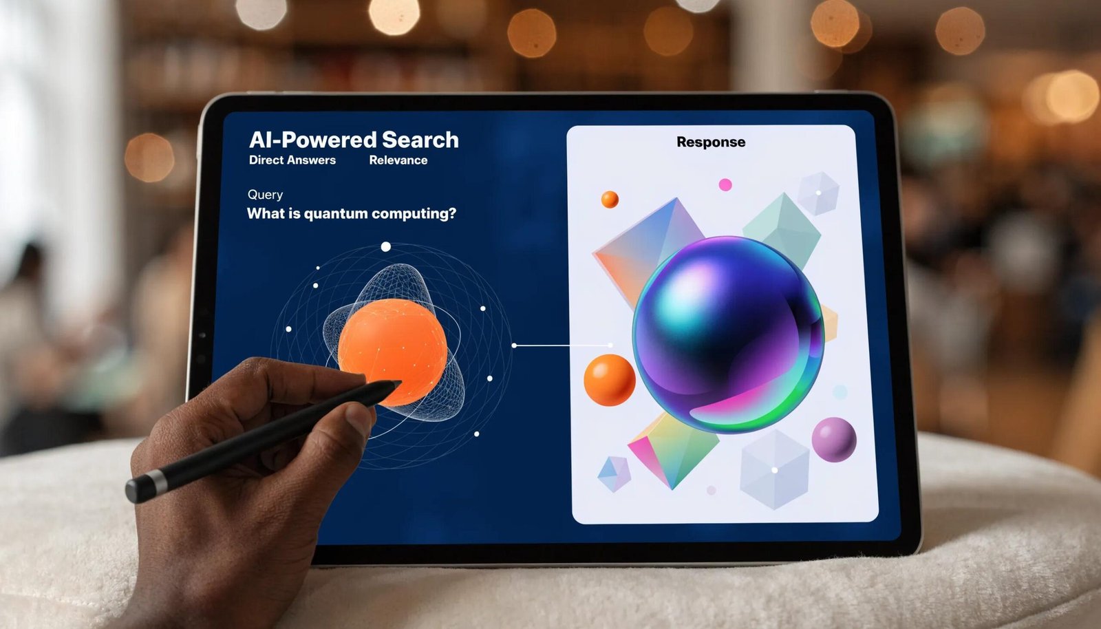 Close-up of hands using a tablet showing AI-driven search results and engagement with content