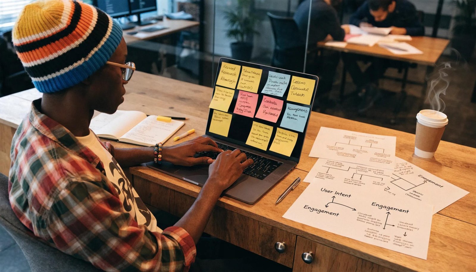 Person using a laptop with notes on effective Answer Engine Optimization techniques and AEO strategies